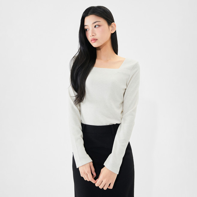 미쏘 여성용 스퀘어넥 골지 긴팔 티셔츠