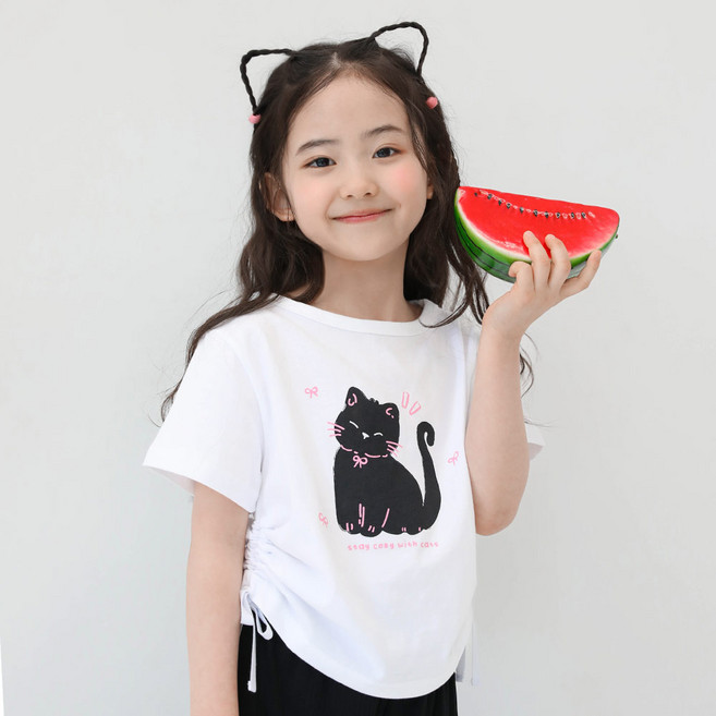 로로샤 아동용 통기성 면 세미크롭 고양이 셔링 키치 반팔 티셔츠