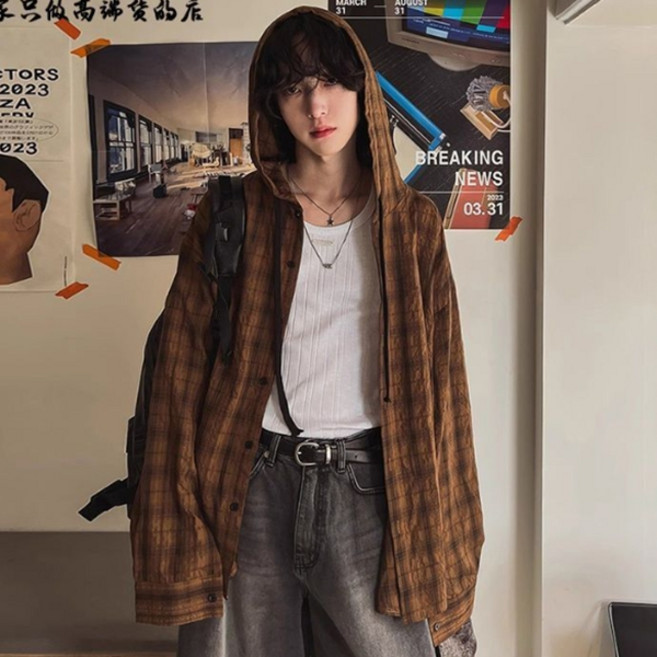 제이티엘 남성용 커버 남방 라이트 체크 후드 셔츠