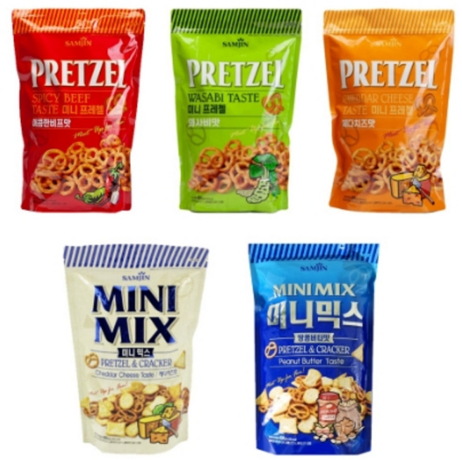 삼진 미니믹스 체다치즈맛 800g + 땅콩버터맛 800g + 프레첼 매콤한 비프맛 800g + 와사비맛 800g + 체다치즈맛 800g 세트, 1세트