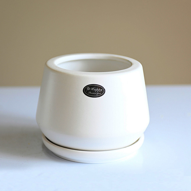 도시정원 모던 도자기 원형 사다리꼴 화분 + 받침 세트 321, 화이트, 1세트