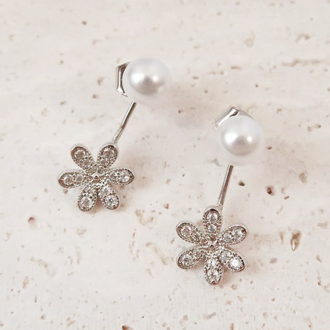 물든 여성용 실버925 투웨이 진주 블링 플라워 드롭 귀걸이