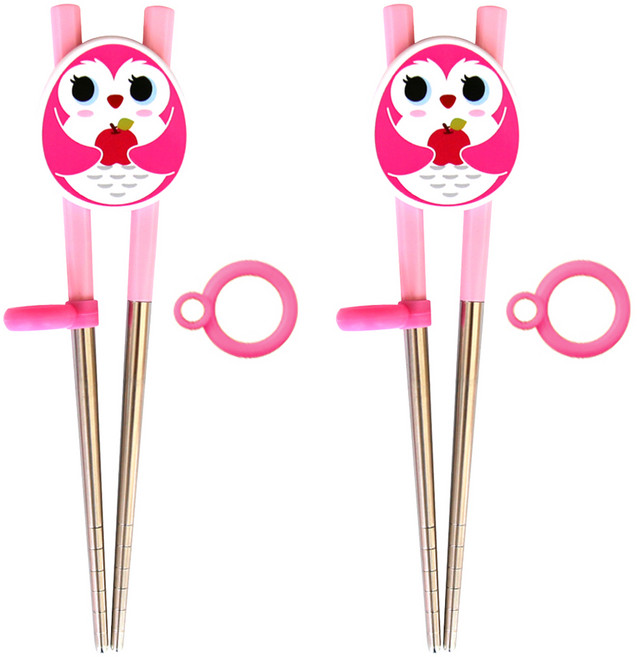 애니팜 양손가능 연습용 젓가락 2p + 리필 실리콘링 2p 세트, 부엉이, 1세트