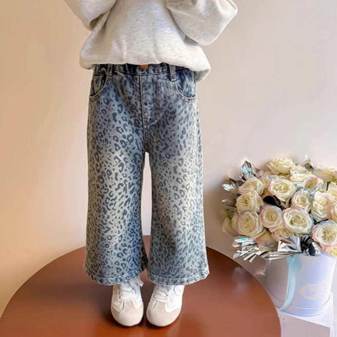 JOYMULTI 時尚豹紋女童寬版牛仔褲