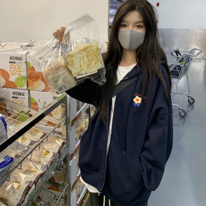 PEONIST 花朵Logo簡約寬鬆連帽拉鍊外套