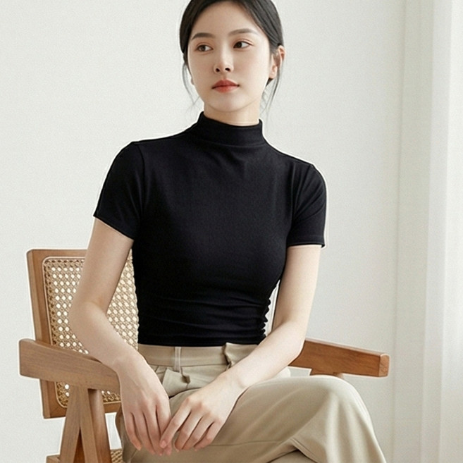 소니오 여성용 슬림 크롭 하프넥 반팔 니트