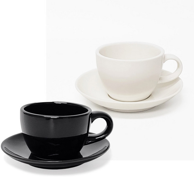 호레카 도자기 커피잔 200ml 2종 + 받침 2종 세트 2호, 화이트, 블랙, 1세트
