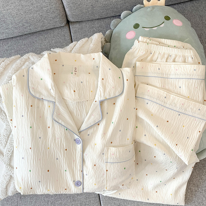 Elsso 女性透氣紗布棉輕薄可愛居家服長袖長褲套裝