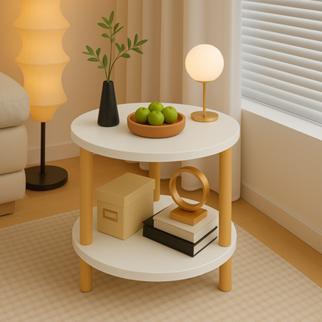 JUnBI 圓形圓角邊桌, 原木色 + 白色