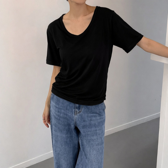 라라온 여성용 무지 브이넥 반팔 스판 티셔츠 26TSP3805