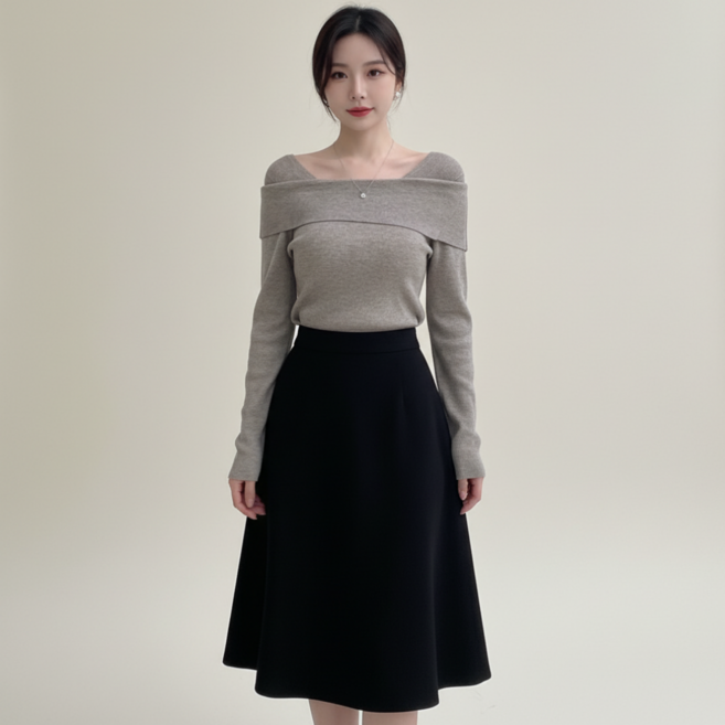 구디프 여성용 여리핏 오프숄더 데이트룩 니트 긴팔 티셔츠