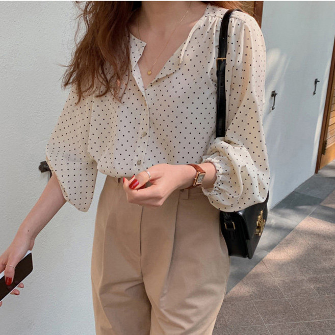 디멜디 여성용 도트 카라넥 7부 긴팔 셔츠