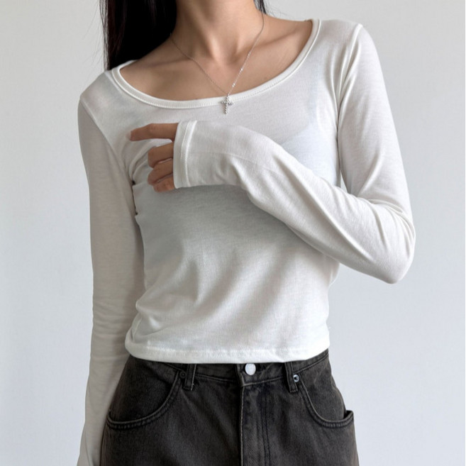 라라온 여성용 기본 무지 U넥 크롭 긴팔 티셔츠 26TSP3718