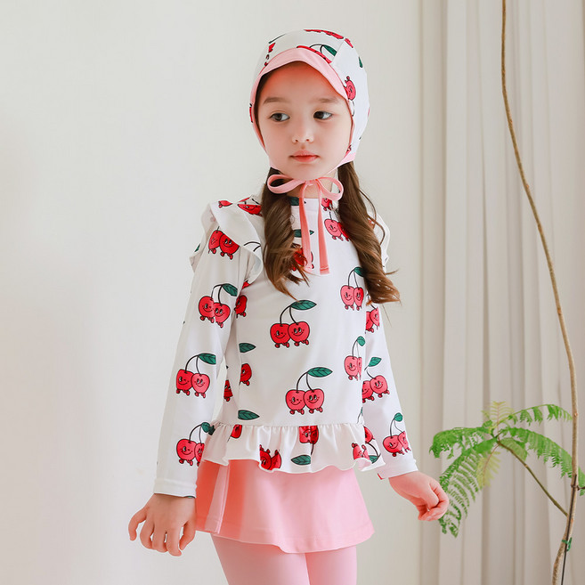 bayb 여아용 체리베리 래쉬가드 상하의 + 보넷 세트