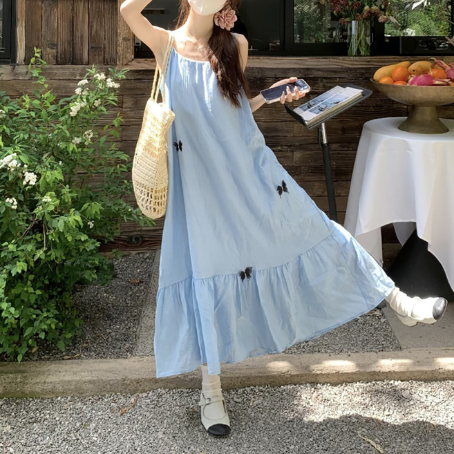 MarketA 女款柔軟蝴蝶袖無袖長版連身裙 M263-0071, 藍色