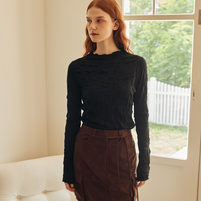 오앨 여성용 WRINKLE 탑 슬림핏 긴소매 티셔츠