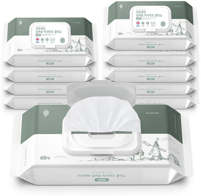 자우버탁 프리미엄 실버용 빅사이즈 물티슈 캡형, 55g, 60개입, 10개