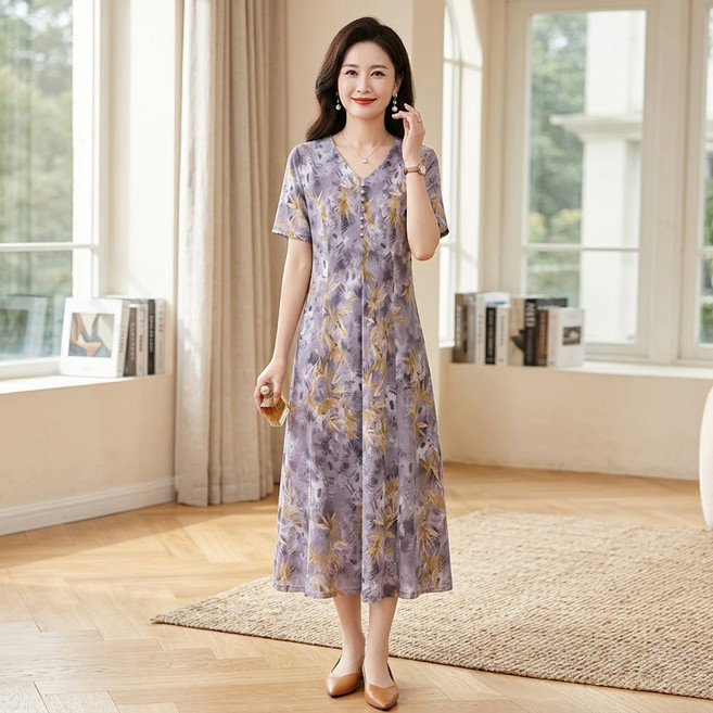 인피어스 여성용 브이넥 내추럴 플라워 중년 반팔 원피스 I263-0172