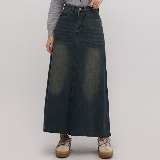 Elsso 復古水洗A字修飾下半身及踝長版牛仔裙