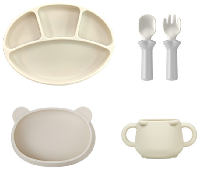 블루마마 실리콘 스푼 + 포크 + 스푼포크 케이스 + 흡착식판 + 곰돌이컵 + 곰플레이트 올인원 세트, 그레이, 1세트