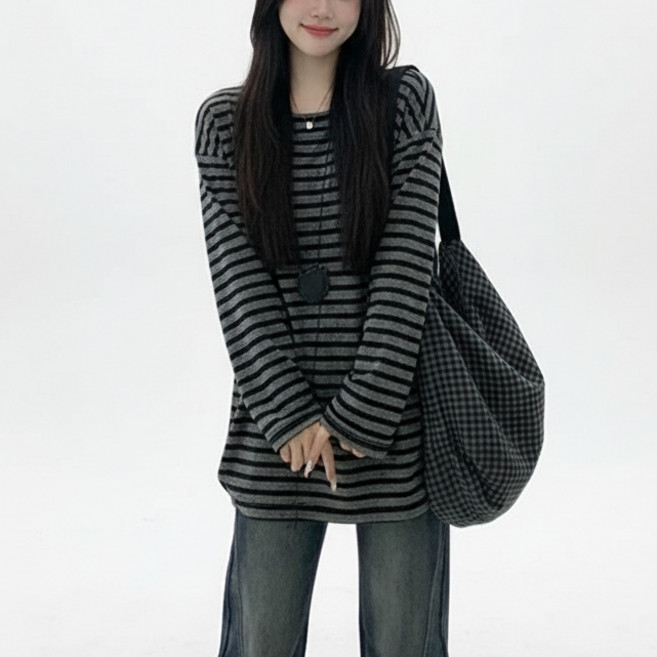 마켓피아 여성용 루즈핏 스트라이프 라운드넥 긴팔 티셔츠