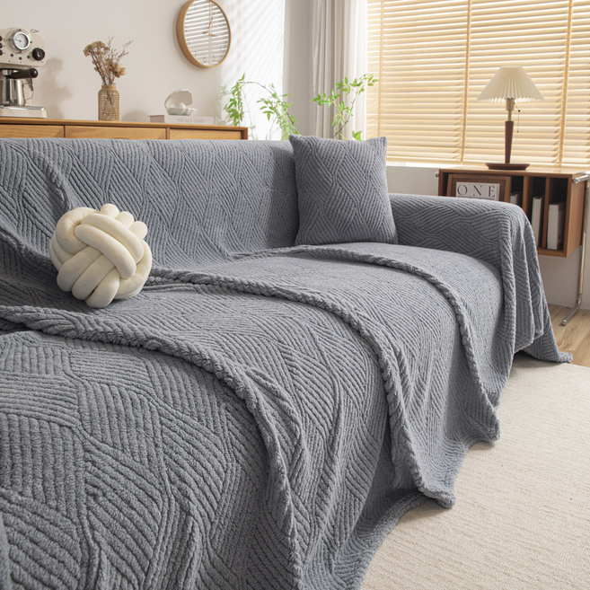 Theia 絨毛素色毛巾毯兩用沙發罩, 波浪藍, 1個