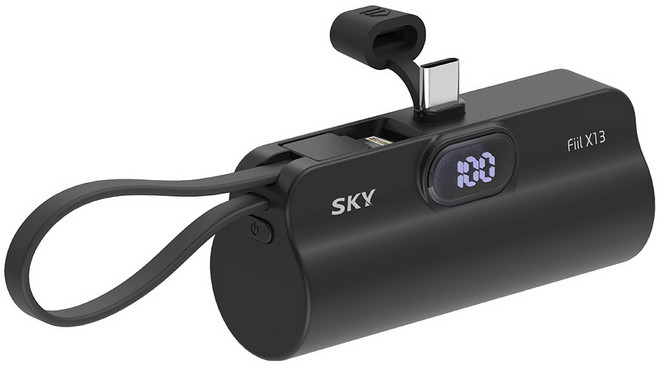 SKY 필 X13 LED 도킹형 일체형 C타입 빌트인 L타입 케이블 스탠드 휴대용 미니 보조배터리, SKY-X13LCL(C타입), 블랙
