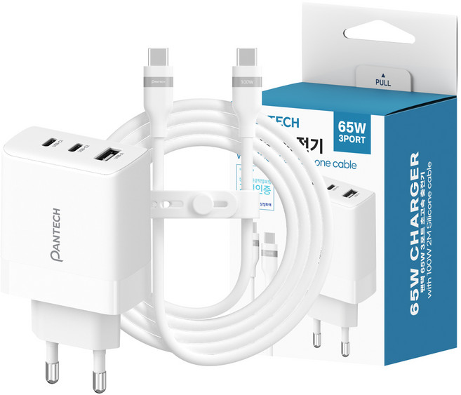 팬택 PD 65W 3포트 GaN 초고속 멀티충전기 + C타입 실리콘 충전 케이블 100W 2m 세트, 화이트, 1개