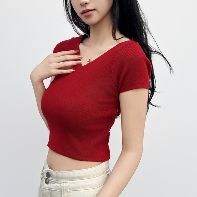 더시럽 여성용 크로스 트임 크롭 반팔 티셔츠