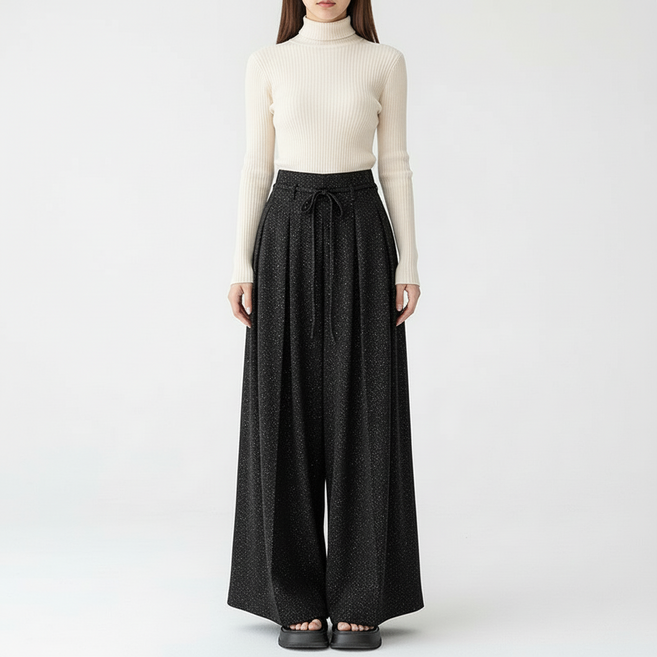 마켓피아 여성용 스트링 스팽글 와이드 플리츠 팬츠