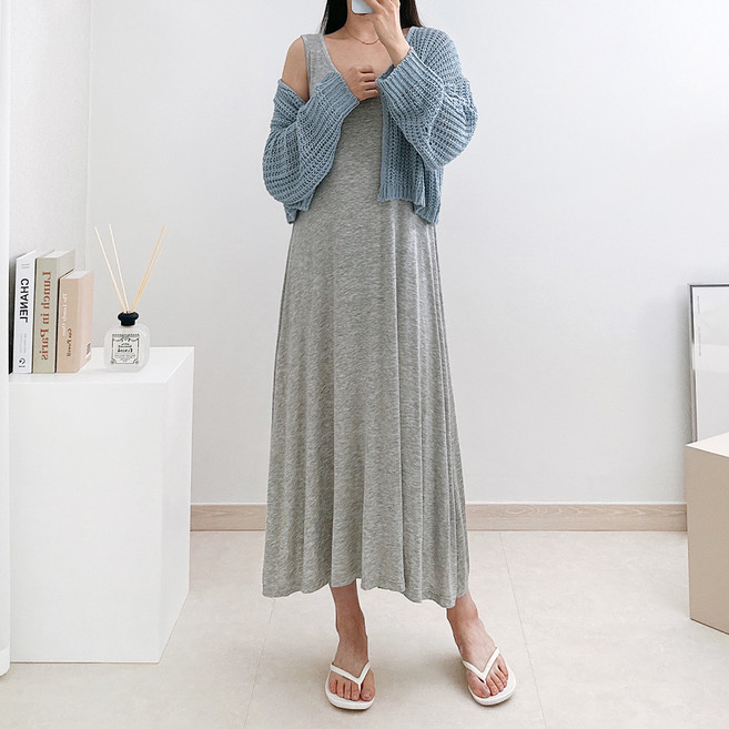 라미르 여성용 통기성 찰랑 모달 레이어드 롱 나시 원피스