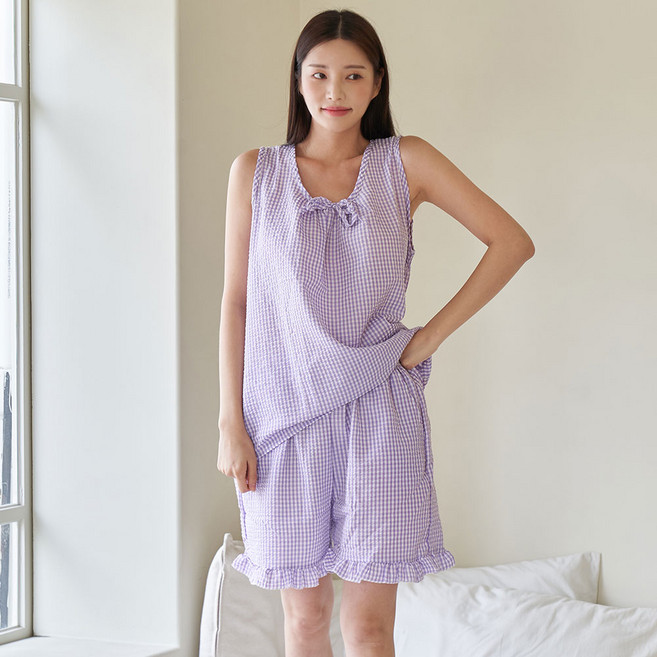 GLAM GONGGAM 女性涼感泡泡紗維他命無袖兩件式夏季睡衣套裝