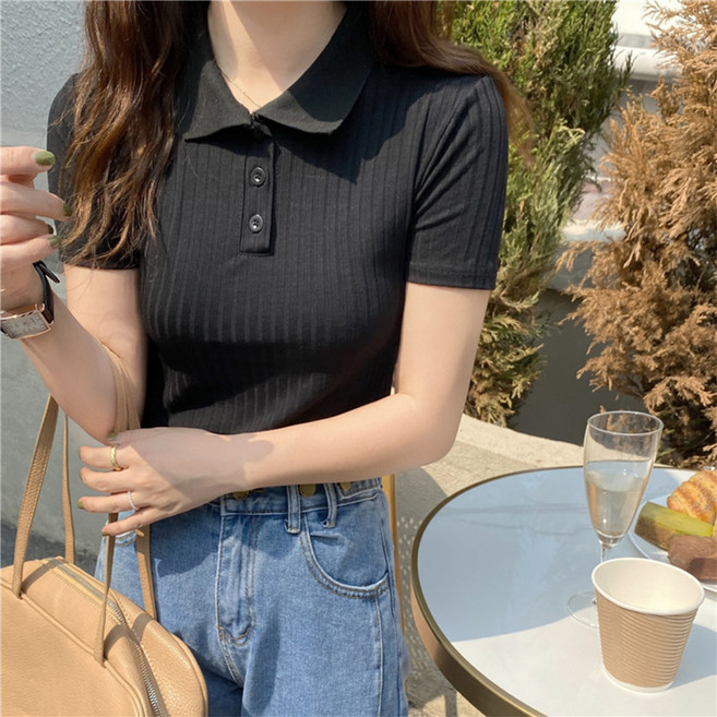 엘쏘 여성용 골지 단추 카라 크롭 반팔 티셔츠