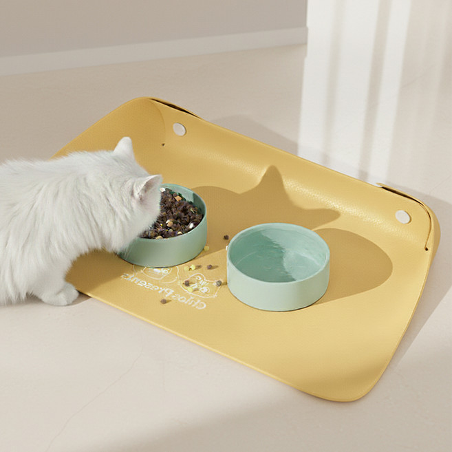 둥둥펫 반려동물 흘림방지 방수 가죽 식기 매트, 옐로우, 1개