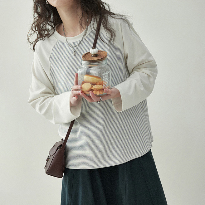 디멜디 여성용 패션 스트라이프 라운드넥 긴팔 티셔츠