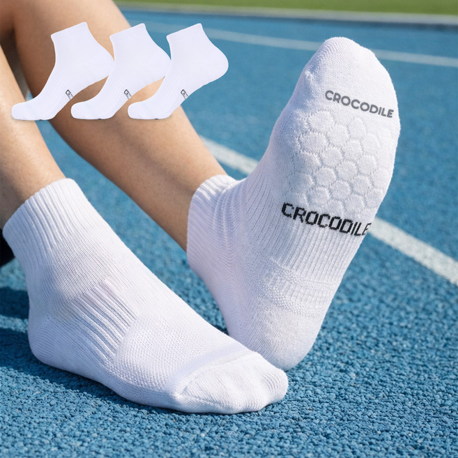크로커다일 드라이쿨 넌슬립 2중쿠션 스포츠 밀착 런닝 단목 양말 CD402 3켤레, 화이트, 3개
