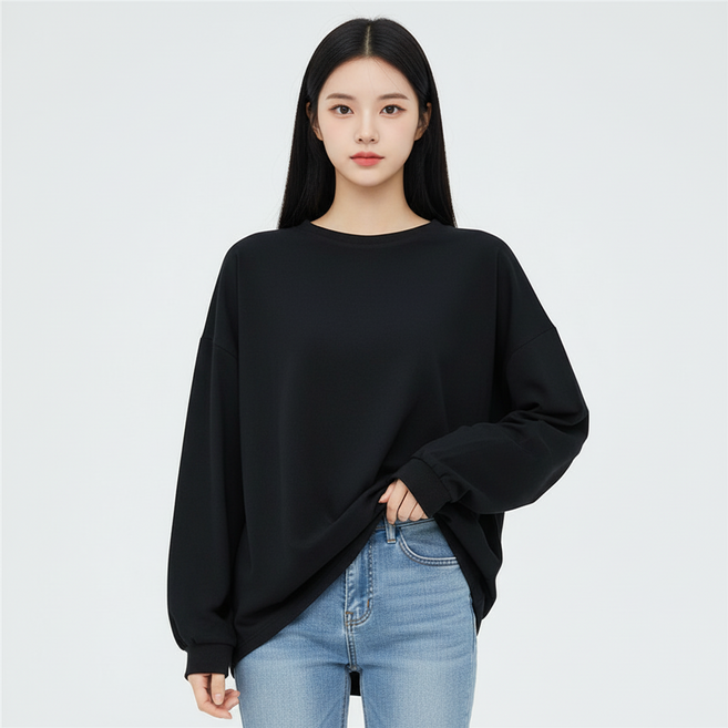 마켓피아 여성용 오버핏 라운드넥 롱 슬리브 티셔츠