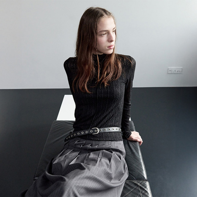 로라로라 여성용 시어링 시스루 하이넥 긴팔 티셔츠