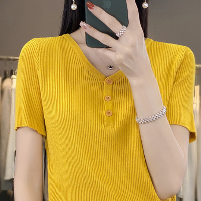 더시럽 여성용 골지 V넥 단색 버튼 포인트 반팔 니트