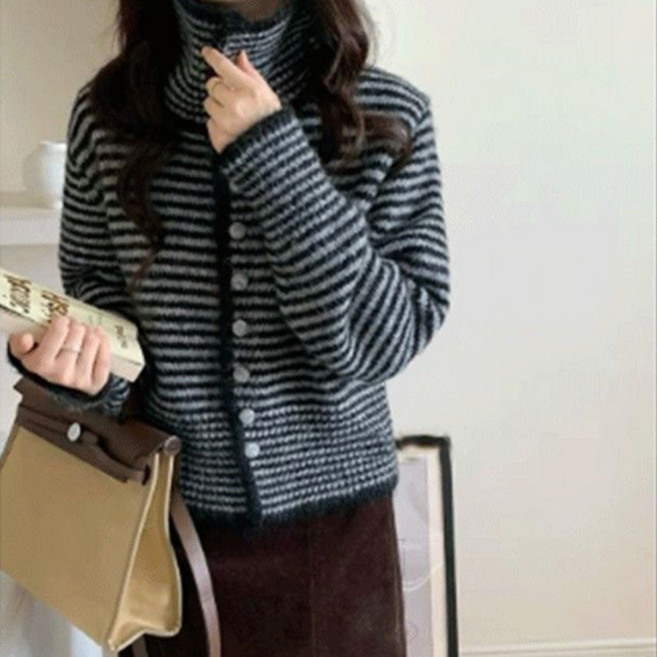 女款 PDS 時尚秋季條紋獨特針織開襟衫