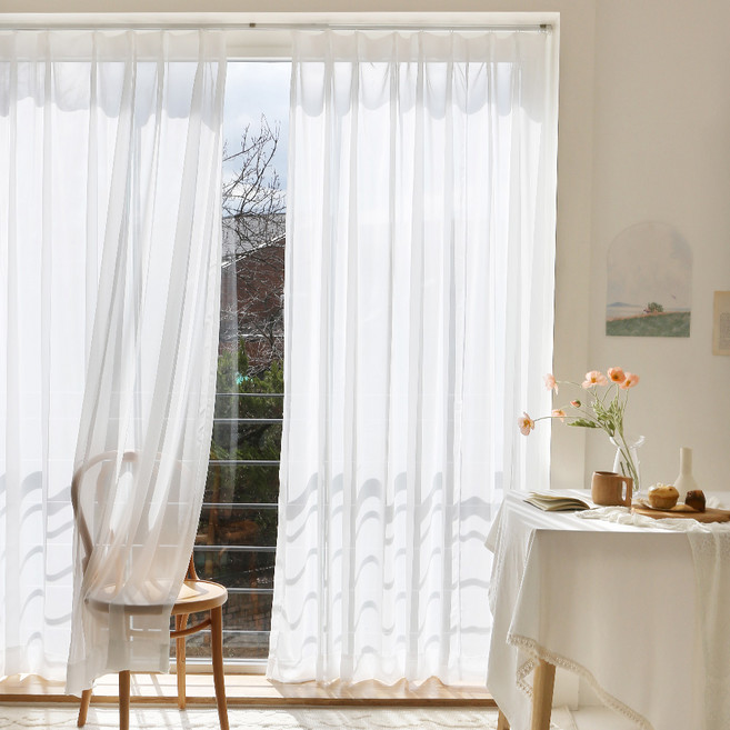 쁘리엘르 살랑살랑 차광 쉬폰 커튼 핀형 + 커튼끈 세트