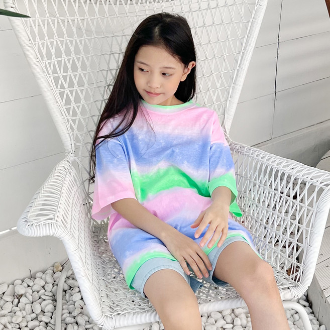 Jenny 女童 兒童 青少年 寬鬆版型 水染 條紋 短袖 T恤