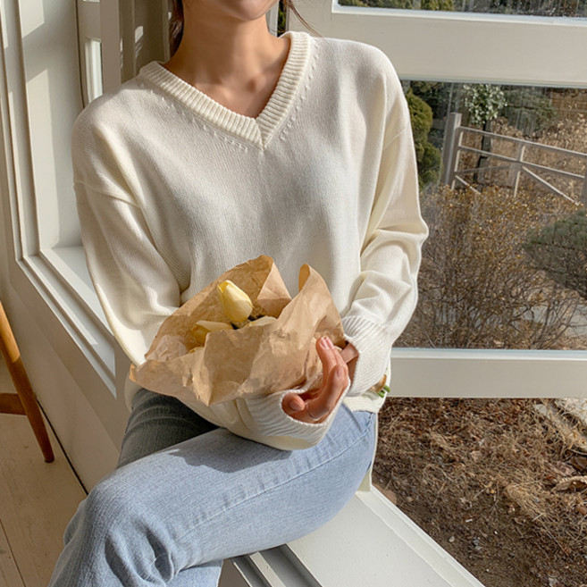 엔비룩 여성용 퍼스널 루즈 브이넥 니트