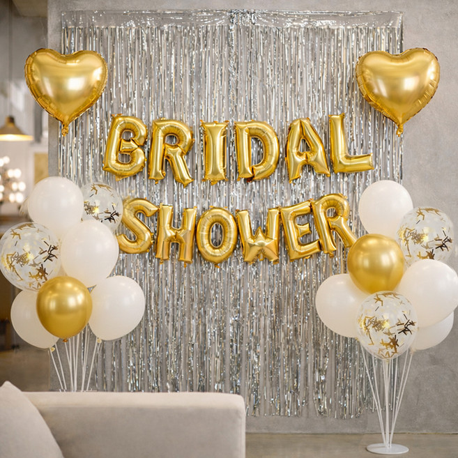 라이크 브라이덜샤워 파티풍선 세트, 골드(은박풍선), 실버(파티커튼), 1세트