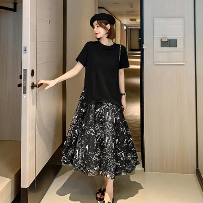 레몬소울 바모 배색 페인팅 반팔 롱 원피스