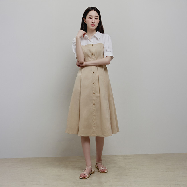 마인드브릿지 여성용 셔츠 레이어드 벨티드 롱 원피스 MZOP3204