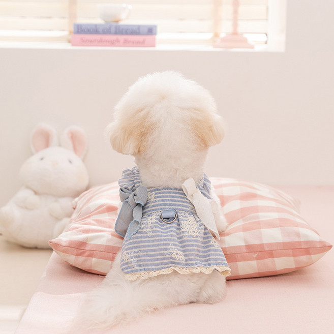 아티펫 반려동물 투리본 줄무늬 자수 견인 드레스, 블루, 1개