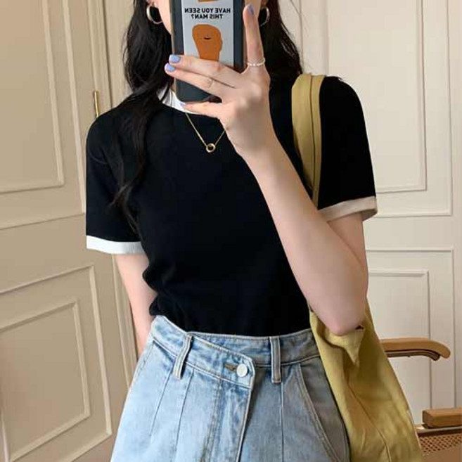 아이캔심플 여성용 슬림핏 골지 라운드넥 반팔 티셔츠