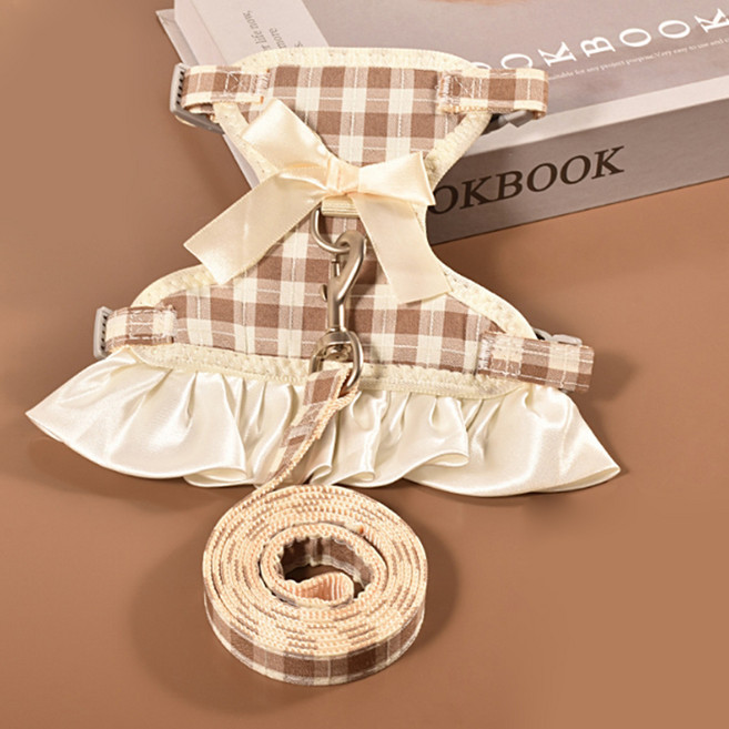 요런개 반려동물 체크체크 리본 하네스 + 리드줄, 02브라운 체크, 1세트