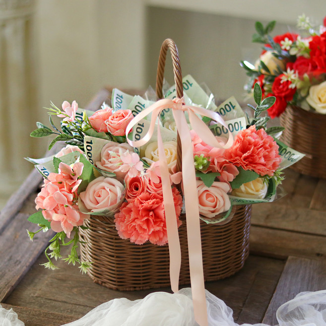 Scent Basket 人造花 Merci玫瑰鈔票花籃, 珊瑚色, 1個